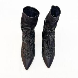 Zara Satin Embroidered Sequin Embellished Black Pointy Toe Booties Size 36